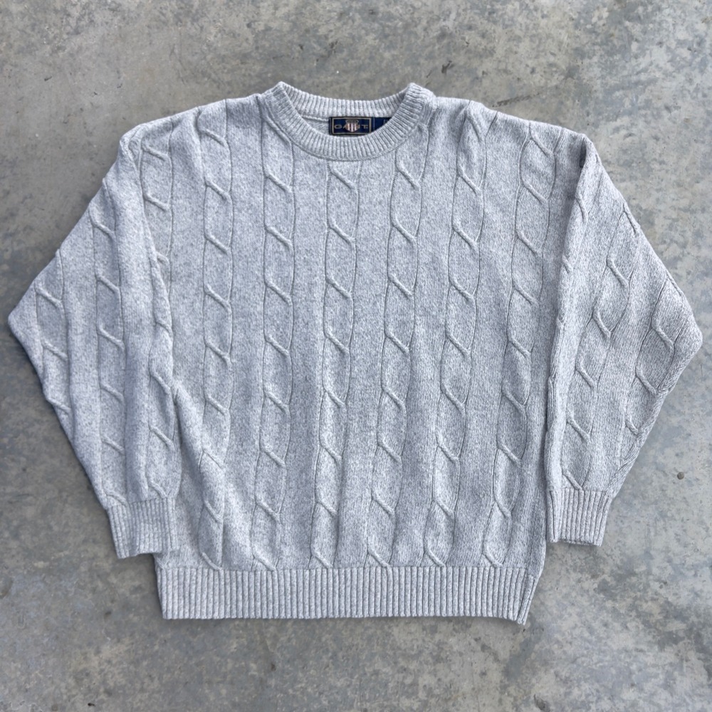 Gant Cable Knit Sweater Mens Large Grey Vintage Made in USA Cotton Crewneck